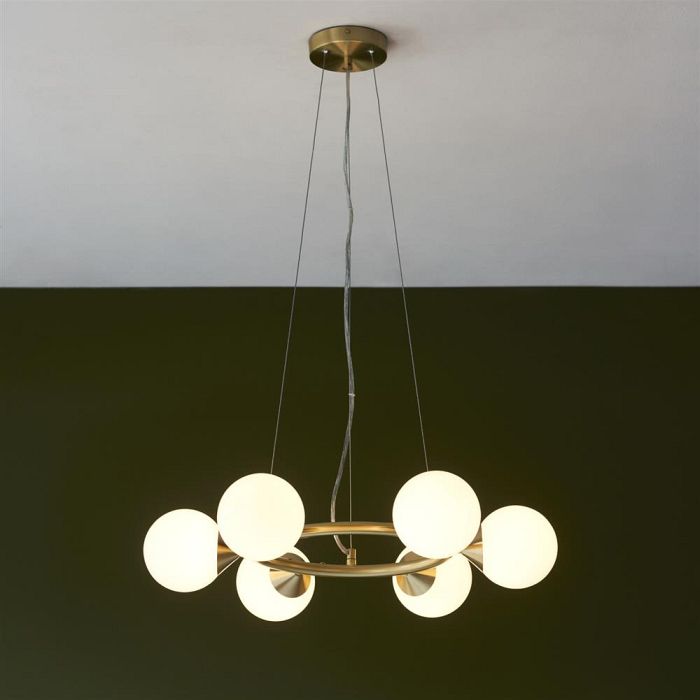 Six Light Pendant Satin Brass and White Glass Bryson-BY6
