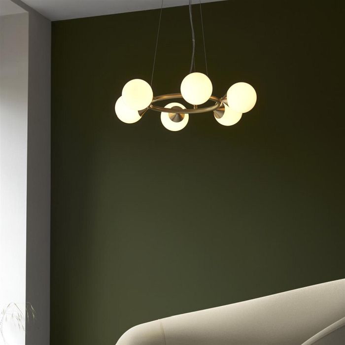 Six Light Pendant Satin Brass and White Glass Bryson-BY6