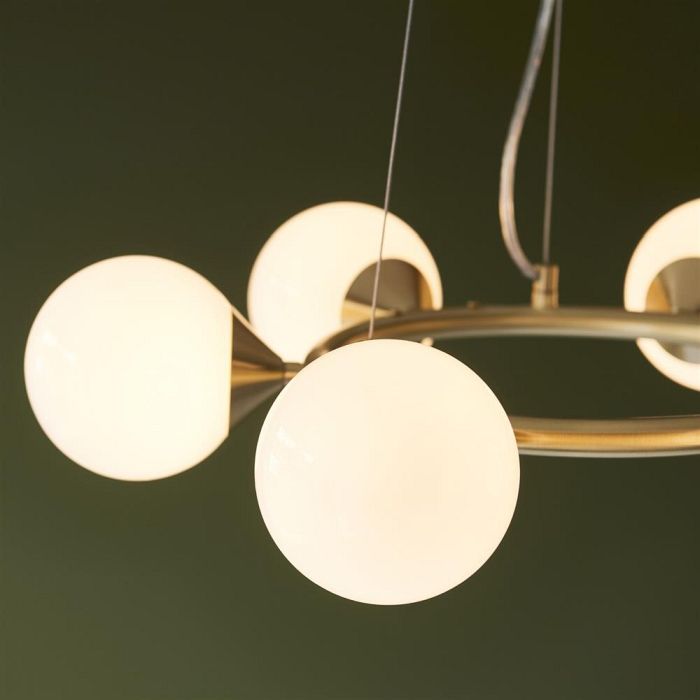 Six Light Pendant Satin Brass and White Glass Bryson-BY6