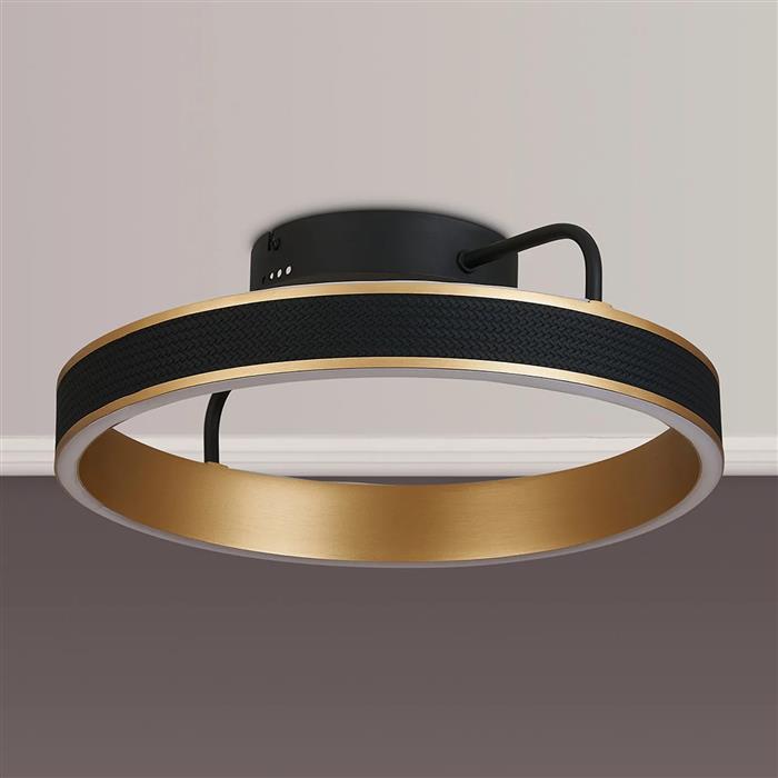 Aralia LED CCT Black Faux Leather And Brushed Gold Small Flush Light 375179 
