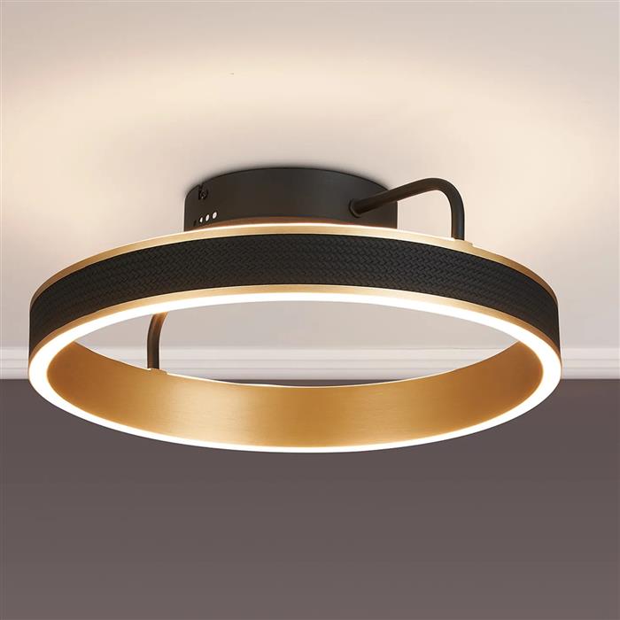 Aralia LED CCT Black Faux Leather And Brushed Gold Small Flush Light 375179 