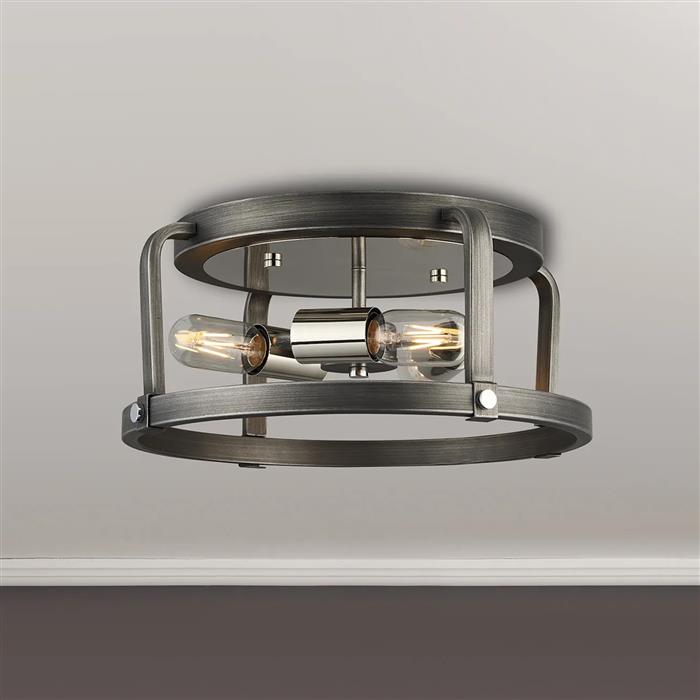 Bayport Pewter And Polished Nickel 3 Light Flush Fitting 349718 