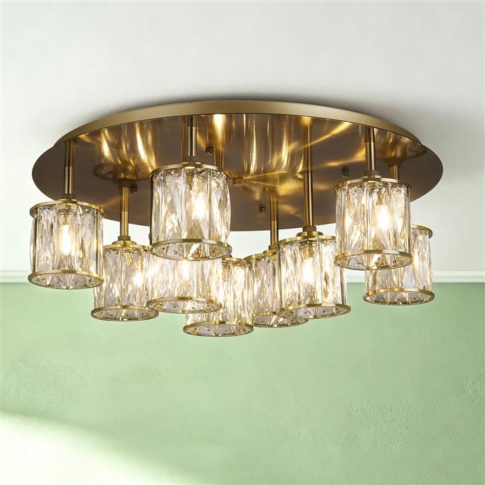 Joliet Antique Brass And Clear Glass 9 Light Flush Fitting 353808