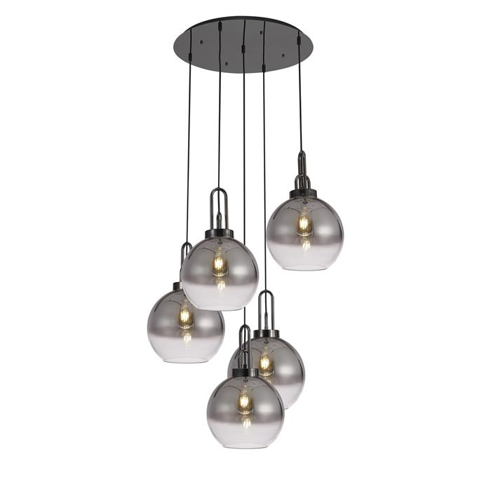 Yeadon Black Chrome And Smoked Glass Five Light Globe Cluster Pendant 337469