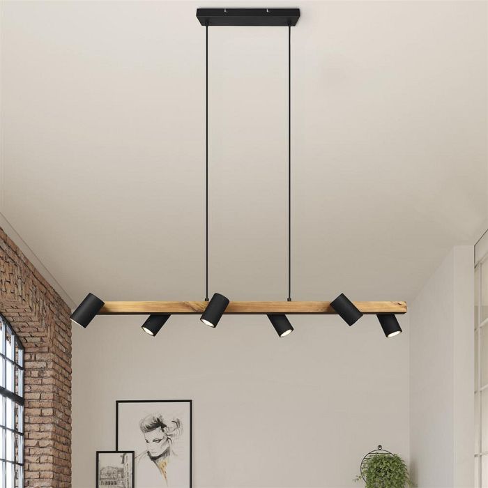Marley 6 Light Wood and Matt Black Bar Pendant Fitting 312490632